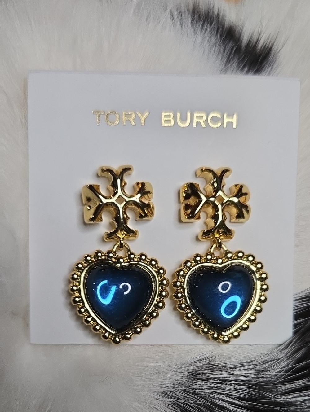 Tory Burch Gold-Tone Earrings with Deep Blue Heart Drops NWT